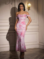 Ruched Off Shoulder Zipper Back Floral Bodycon Dress