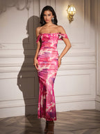 Ruched Off Shoulder Zipper Back Floral Bodycon Dress