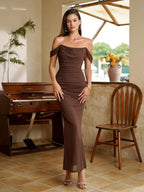 Off Shoulder Ruched Zipper Back Bodycon Dress