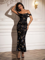 Ruched Off Shoulder Zipper Back Floral Bodycon Dress