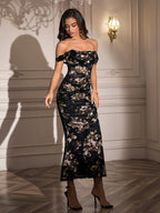 Ruched Off Shoulder Zipper Back Floral Bodycon Dress