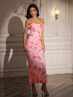 Ruched Off Shoulder Zipper Back Floral Bodycon Dress