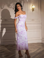 Ruched Off Shoulder Zipper Back Floral Bodycon Dress