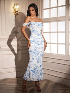 Ruched Off Shoulder Zipper Back Floral Bodycon Dress