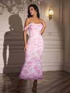 Ruched Off Shoulder Zipper Back Floral Bodycon Dress