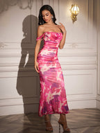 Ruched Off Shoulder Zipper Back Floral Bodycon Dress