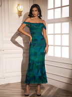 Ruched Off Shoulder Zipper Back Floral Bodycon Dress