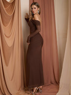 Off Shoulder Ruched Zipper Back Long Sleeve Mesh Dress
