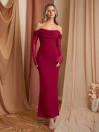 Off Shoulder Ruched Zipper Back Long Sleeve Mesh Dress