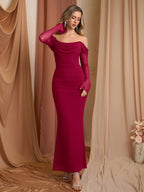 Off Shoulder Ruched Zipper Back Long Sleeve Mesh Dress