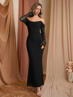 Off Shoulder Ruched Zipper Back Long Sleeve Mesh Dress