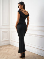 One Shoulder Draped Tie Backless Top&Ruched Bodycon Set