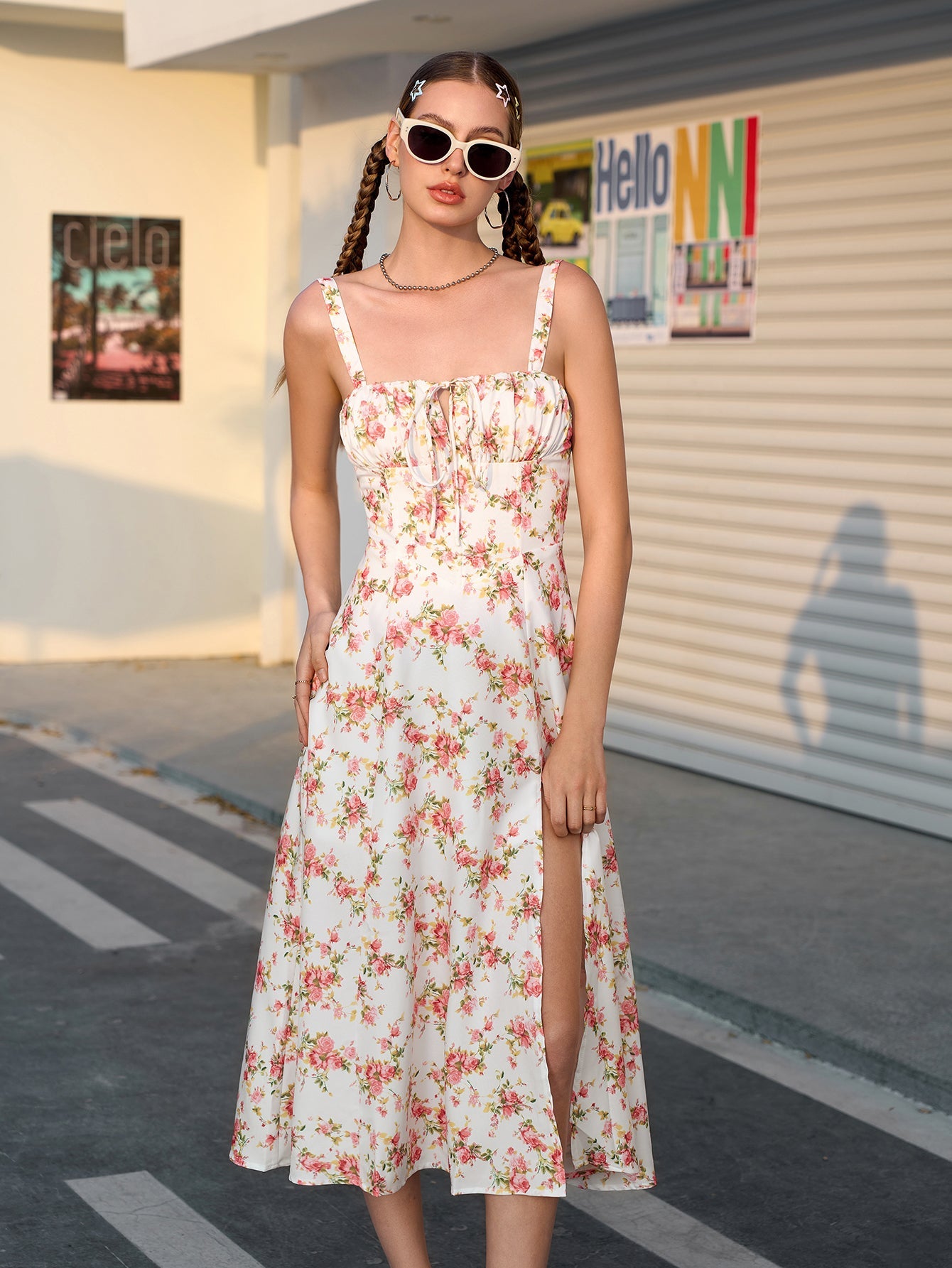 Ruched Bust Split Thigh Floral Cami Dress