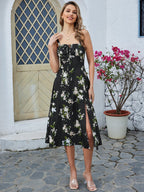 Ruched Bust Split Thigh Floral Cami Dress