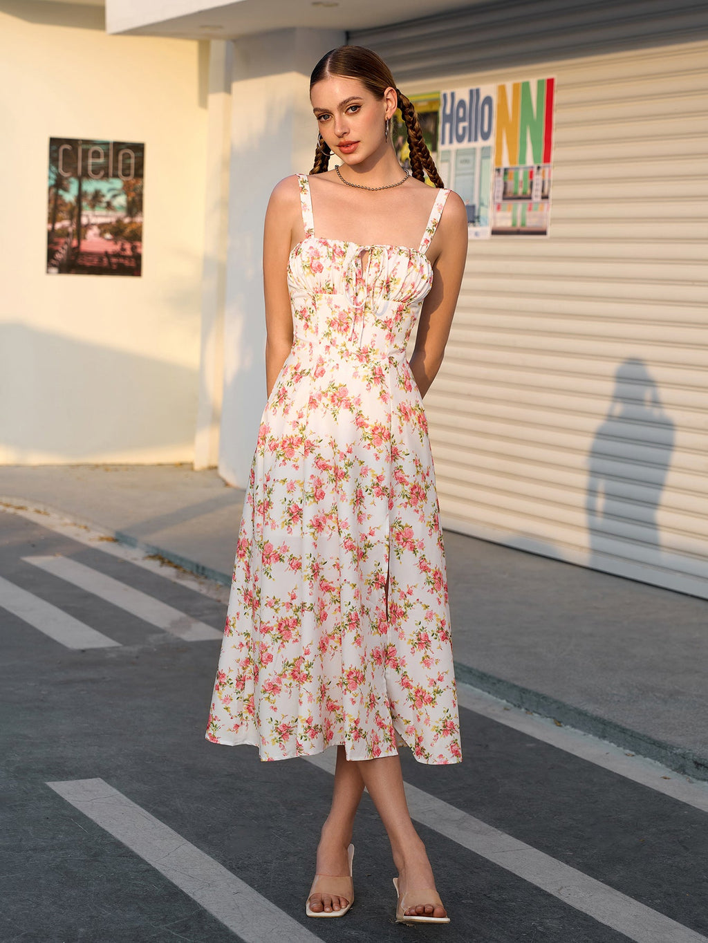 Ruched Bust Split Thigh Floral Cami Dress