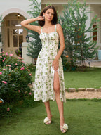 Ruched Bust Split Thigh Floral Cami Dress