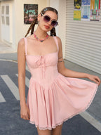 Ruched Bust Tie Front Backless Mini Dress