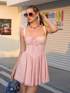 Ruched Bust Tie Front Backless Mini Dress