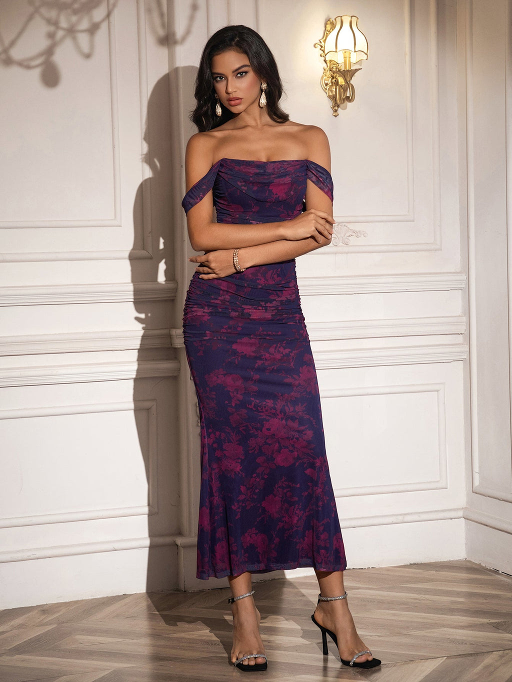 Ruched Off Shoulder Zipper Back Floral Bodycon Dress