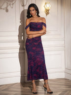 Ruched Off Shoulder Zipper Back Floral Bodycon Dress