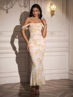 Ruched Off Shoulder Zipper Back Floral Bodycon Dress