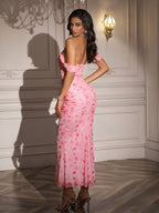 Ruched Off Shoulder Zipper Back Floral Bodycon Dress