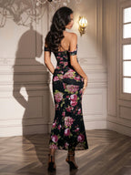 Ruched Off Shoulder Zipper Back Floral Bodycon Dress