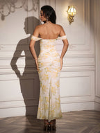 Ruched Off Shoulder Zipper Back Floral Bodycon Dress