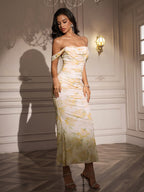 Ruched Off Shoulder Zipper Back Floral Bodycon Dress