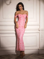 Ruched Off Shoulder Zipper Back Floral Bodycon Dress