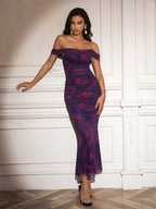 Ruched Off Shoulder Zipper Back Floral Bodycon Dress