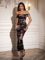 Ruched Off Shoulder Zipper Back Floral Bodycon Dress