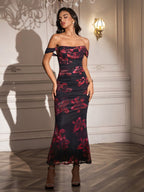 Ruched Off Shoulder Zipper Back Floral Bodycon Dress