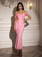 Ruched Off Shoulder Zipper Back Floral Bodycon Dress