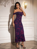 Ruched Off Shoulder Zipper Back Floral Bodycon Dress