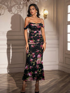 Ruched Off Shoulder Zipper Back Floral Bodycon Dress