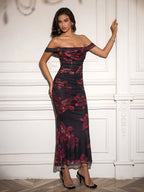 Ruched Off Shoulder Zipper Back Floral Bodycon Dress