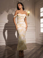 Ruched Off Shoulder Zipper Back Floral Bodycon Dress