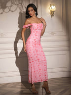 Ruched Off Shoulder Zipper Back Floral Bodycon Dress