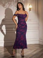 Ruched Off Shoulder Zipper Back Floral Bodycon Dress