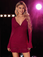 Sparkly Deep V-line Flounce Sleeve Mesh Dress