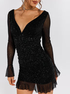 Sparkly Deep V-line Flounce Sleeve Mesh Dress