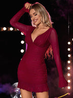 Sparkly Deep V-line Flounce Sleeve Mesh Dress