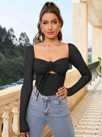 Square Neck Tie Front Cut Out Crop Top