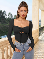 Square Neck Tie Front Cut Out Crop Top