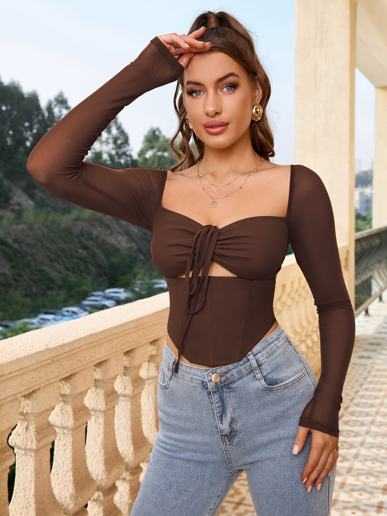 Square Neck Tie Front Cut Out Crop Top