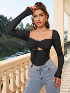 Square Neck Tie Front Cut Out Crop Top