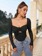 Square Neck Tie Front Cut Out Crop Top