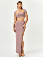 Tie Back Cut Out Crop Top&Split Thigh Bodycon Skirt