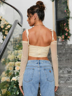 Tie Shoulder Corset Mesh Crop Top